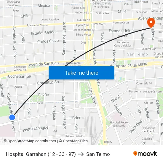 Hospital Garrahan (12 - 33 - 97) to San Telmo map