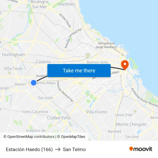Estación Haedo (166) to San Telmo map