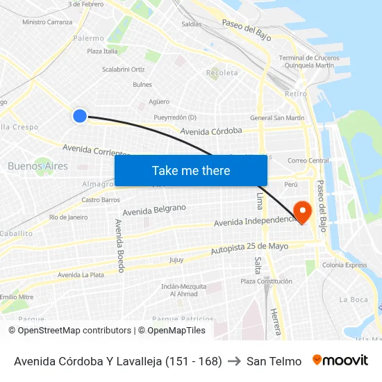 Avenida Córdoba Y Lavalleja (151 - 168) to San Telmo map