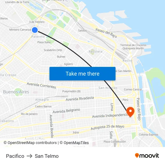 Pacifico to San Telmo map