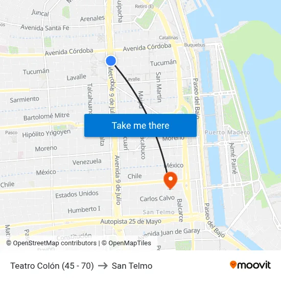 Teatro Colón (45 - 70) to San Telmo map