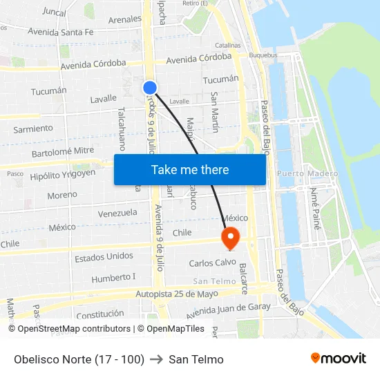 Obelisco Norte (17 - 100) to San Telmo map