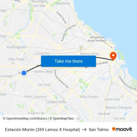 Estación Morón (269 Lemos X Hospital) to San Telmo map