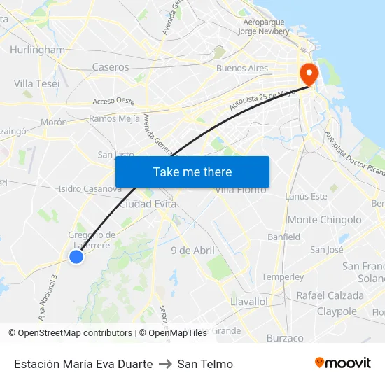 Estación María Eva Duarte to San Telmo map