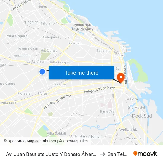 Av. Juan Bautista Justo Y Donato Álvarez to San Telmo map