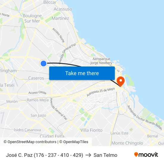 José C. Paz (176 - 237 - 410 - 429) to San Telmo map