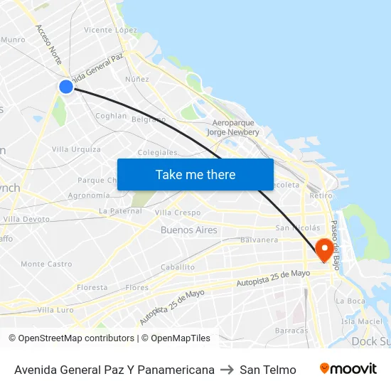 Avenida General Paz Y Panamericana to San Telmo map