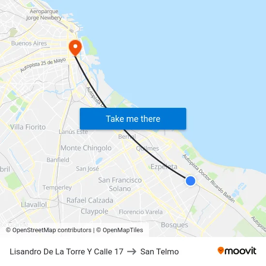 Lisandro De La Torre Y Calle 17 to San Telmo map