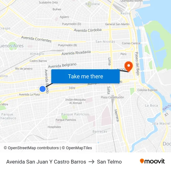 Avenida San Juan Y Castro Barros to San Telmo map