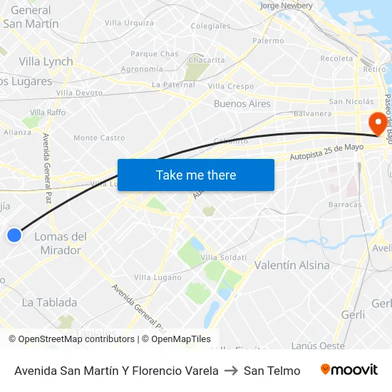 Avenida San Martín Y Florencio Varela to San Telmo map