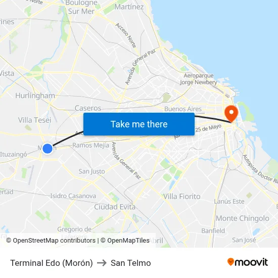 Terminal Edo (Morón) to San Telmo map