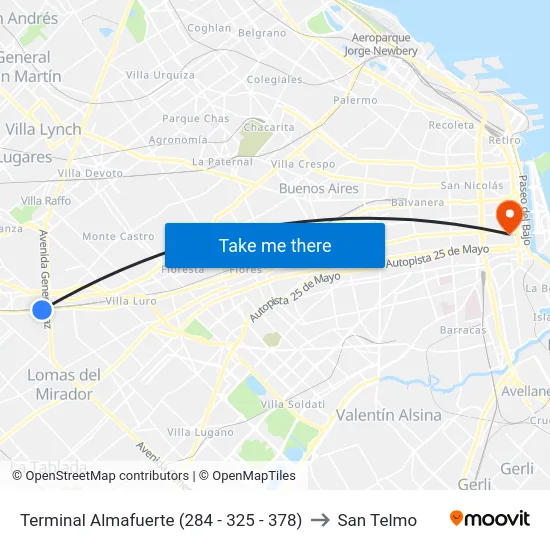 Terminal Almafuerte (284 - 325 - 378) to San Telmo map