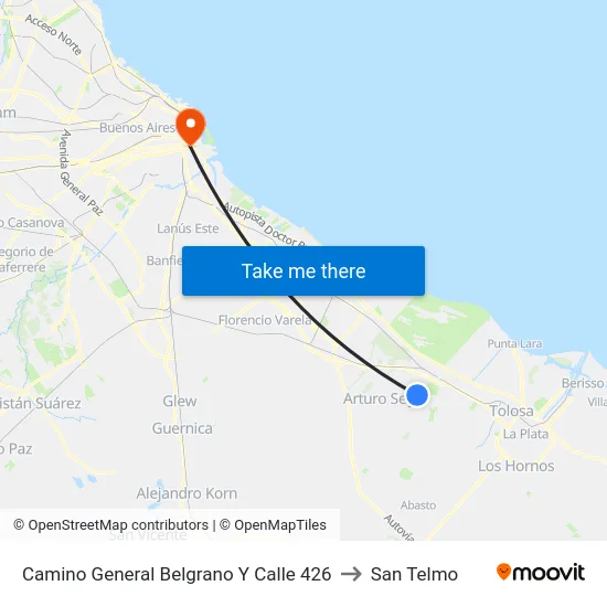 Camino General Belgrano Y Calle 426 to San Telmo map