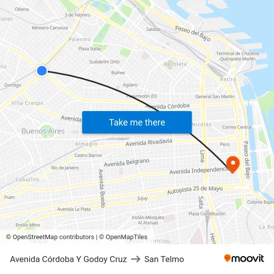 Avenida Córdoba Y Godoy Cruz to San Telmo map