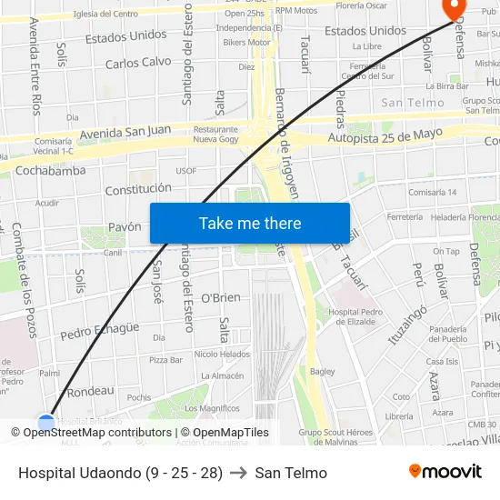 Hospital Udaondo (9 - 25 - 28) to San Telmo map