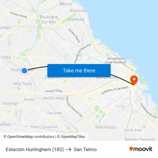 Estación Hurlingham (182) to San Telmo map
