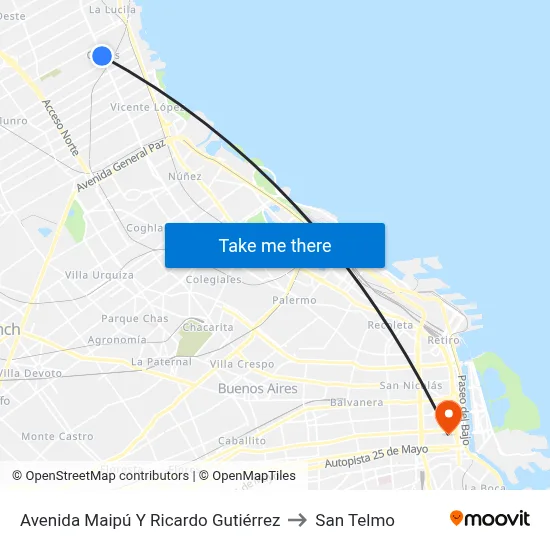 Avenida Maipú Y Ricardo Gutiérrez to San Telmo map