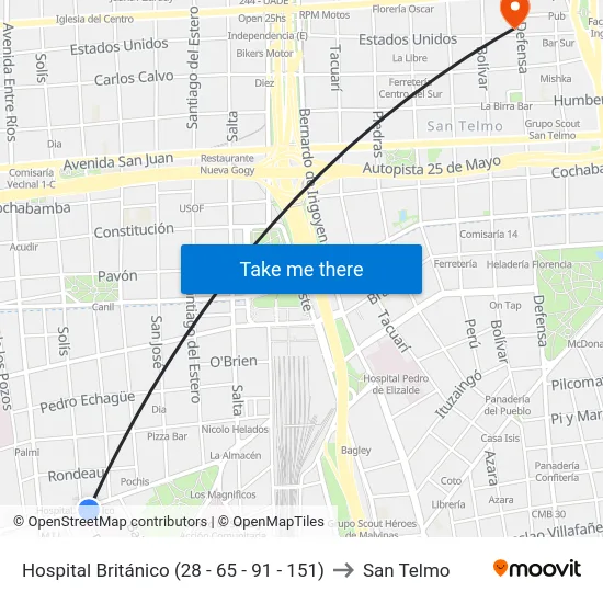 Hospital Británico (28 - 65 - 91 - 151) to San Telmo map