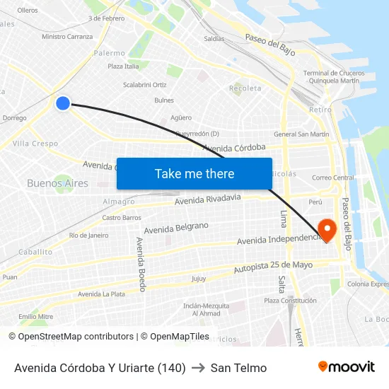 Avenida Córdoba Y Uriarte (140) to San Telmo map