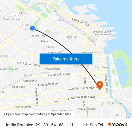 Jardín Botánico (29 - 39 - 64 - 68 - 111 - 152 - 194) to San Telmo map