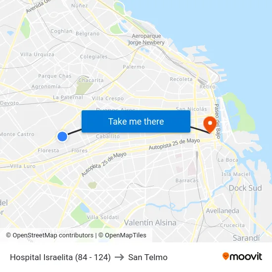 Hospital Israelita (84 - 124) to San Telmo map