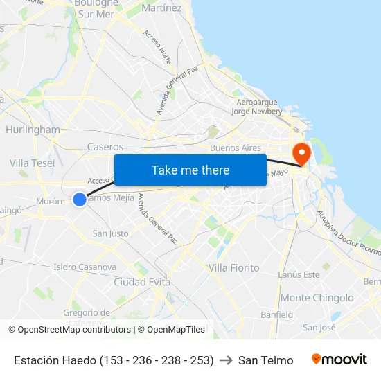 Estación Haedo (153 - 236 - 238 - 253) to San Telmo map