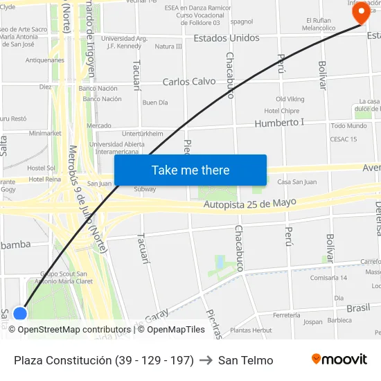 Plaza Constitución (39 - 129 - 197) to San Telmo map