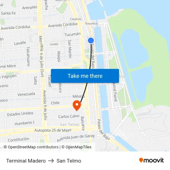 Terminal Madero to San Telmo map