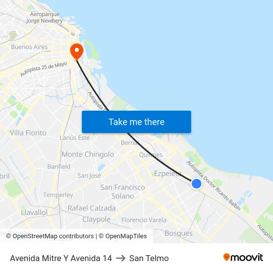 Avenida Mitre Y Avenida 14 to San Telmo map