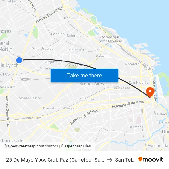 25 De Mayo Y Av. Gral. Paz (Carrefour San Martín) to San Telmo map