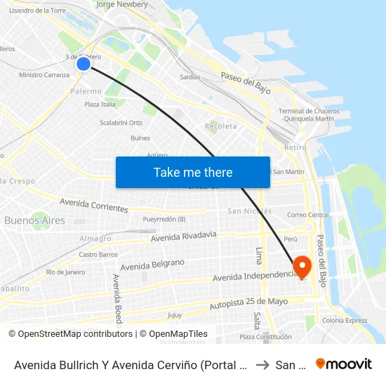Avenida Bullrich Y Avenida Cerviño (Portal Palermo Shooping) (34 - 166) to San Telmo map
