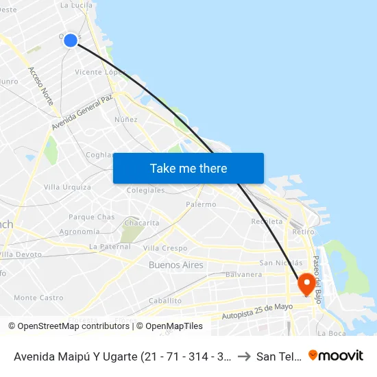 Avenida Maipú Y Ugarte (21 - 71 - 314 - 333 - 343) to San Telmo map
