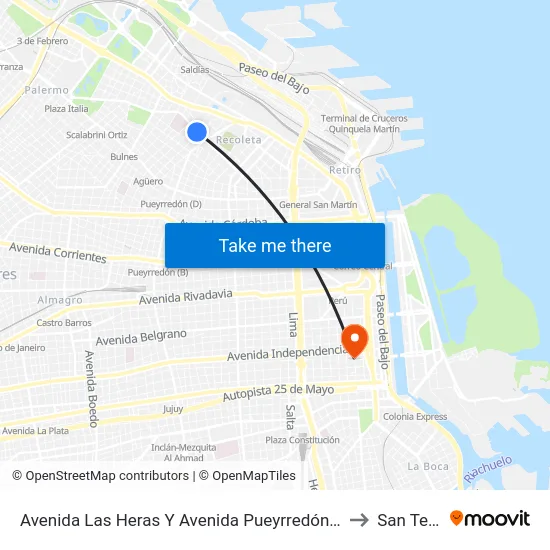 Avenida Las Heras Y Avenida Pueyrredón (108 - 110) to San Telmo map