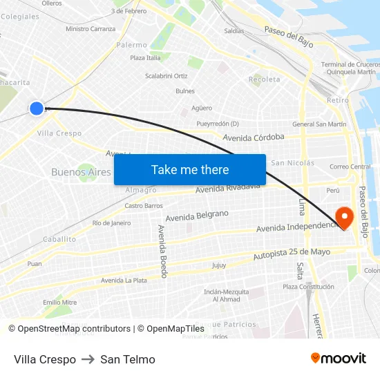 Villa Crespo to San Telmo map