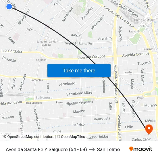 Avenida Santa Fe Y Salguero (64 - 68) to San Telmo map