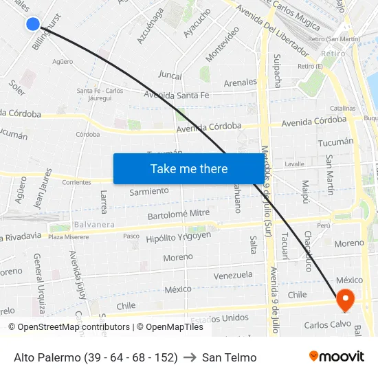 Alto Palermo (39 - 64 - 68 - 152) to San Telmo map