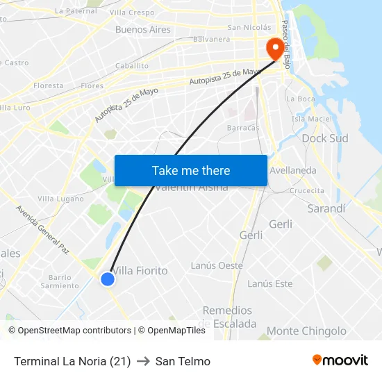 Terminal La Noria (21) to San Telmo map