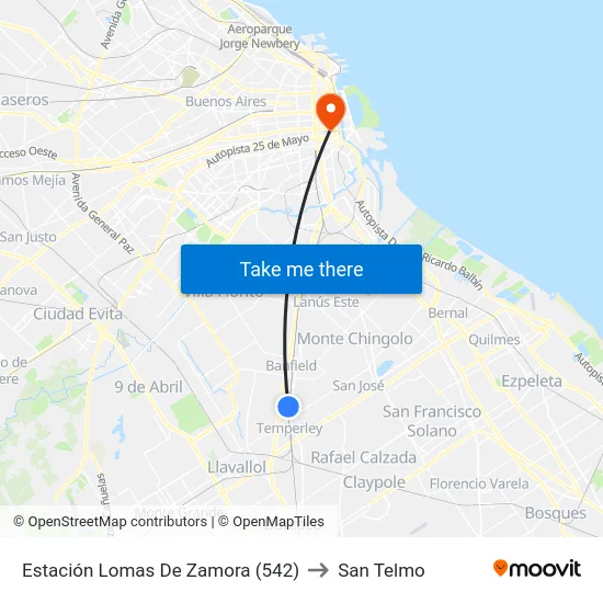 Estación Lomas De Zamora (542) to San Telmo map