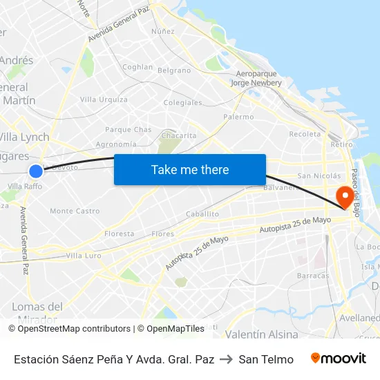 Estación Sáenz Peña Y Avda. Gral. Paz to San Telmo map