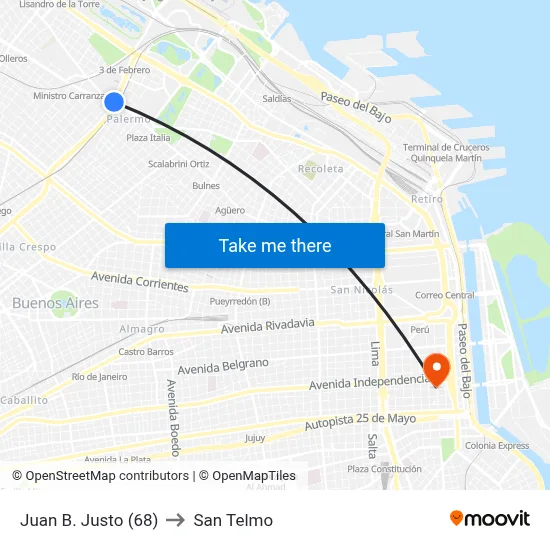 Juan B. Justo (68) to San Telmo map