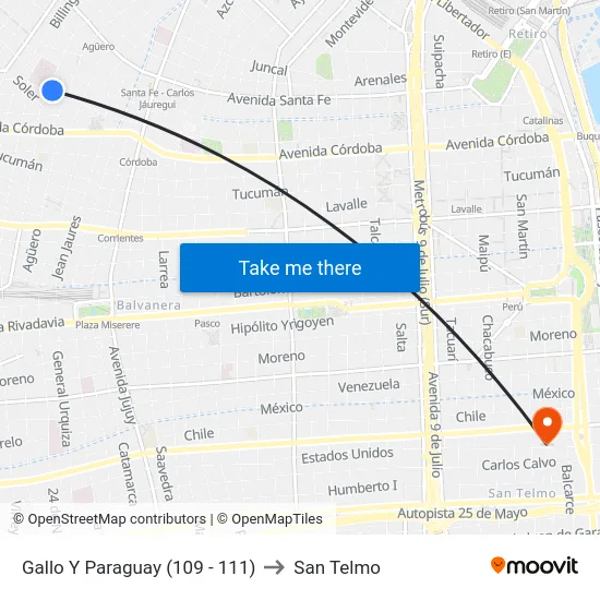 Gallo Y Paraguay (109 - 111) to San Telmo map