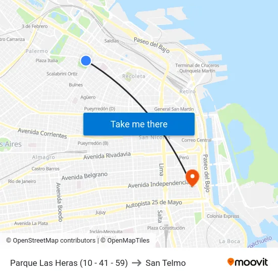 Parque Las Heras (10 - 41 - 59) to San Telmo map