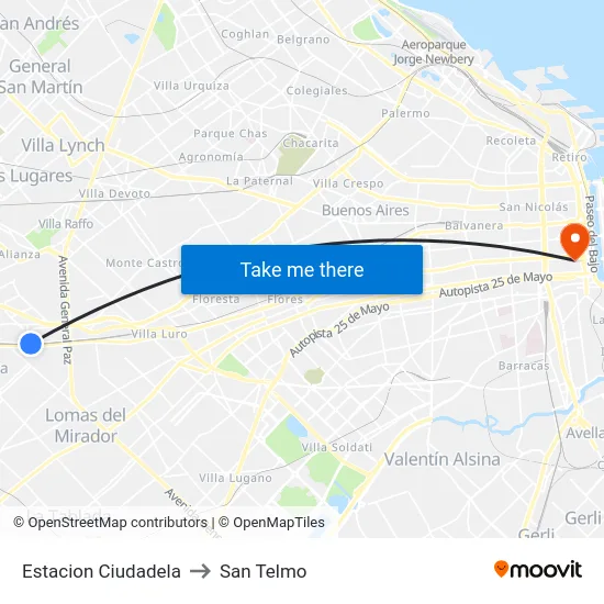 Estacion Ciudadela to San Telmo map