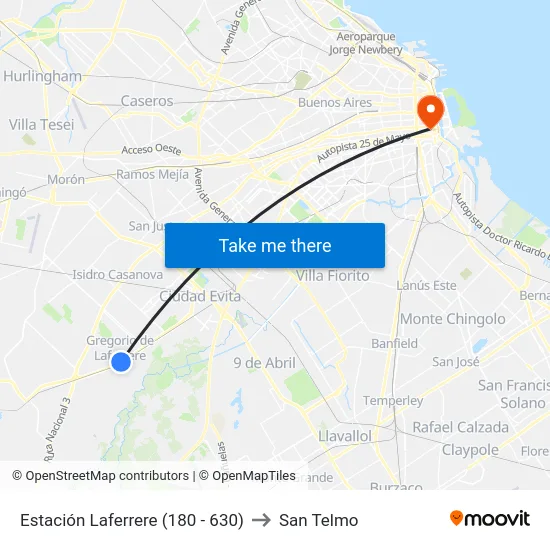 Estación Laferrere (180 - 630) to San Telmo map