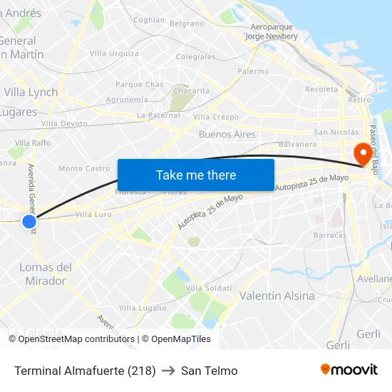 Terminal Almafuerte (218) to San Telmo map