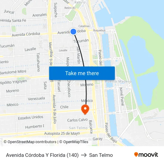 Avenida Córdoba Y Florida (140) to San Telmo map