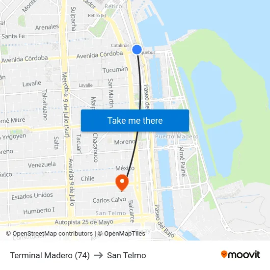 Terminal Madero (74) to San Telmo map