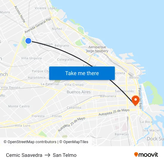 Cemic Saavedra to San Telmo map