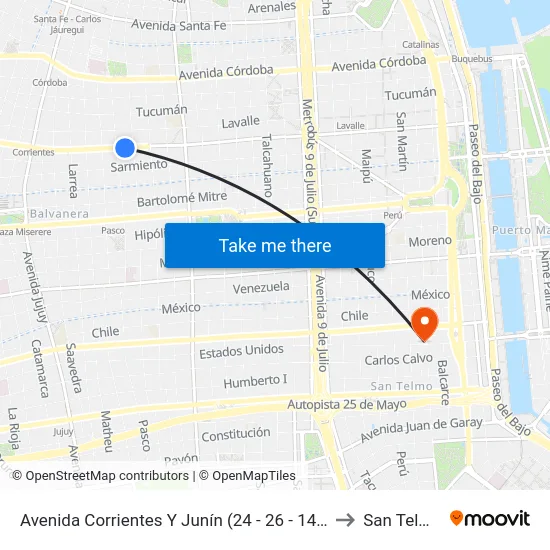 Avenida Corrientes Y Junín (24 - 26 - 146) to San Telmo map