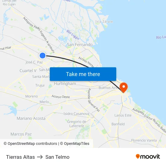 Tierras Altas to San Telmo map
